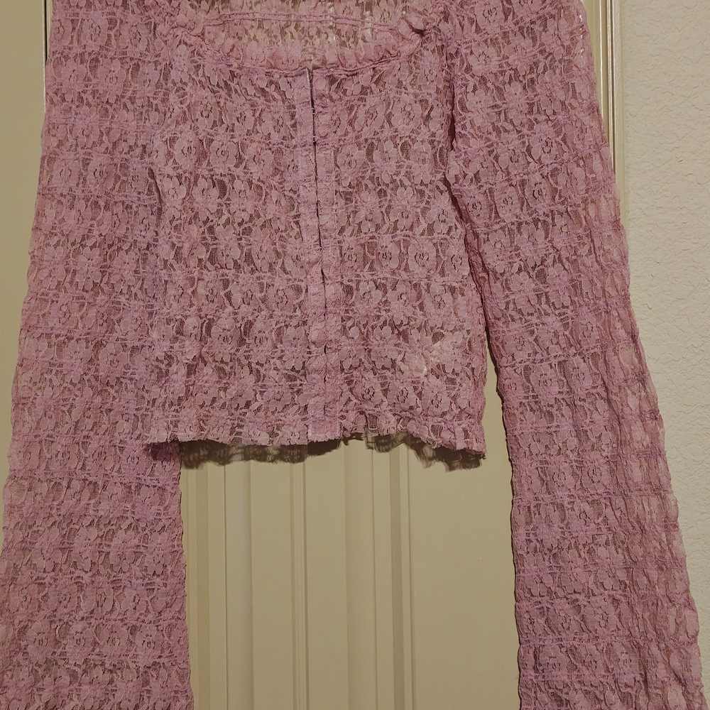 Free People One Madison Top Women XL Smocked 🌹 Rose Lace Sheer Fairy Pink Boho - Picture 12 of 13